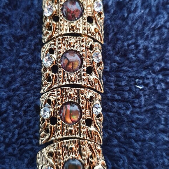 Vintage Jeweled Abalone Rhinestone & Tiger Eye Gold-Plated Japan Quartz Watch - Picture 6 of 16